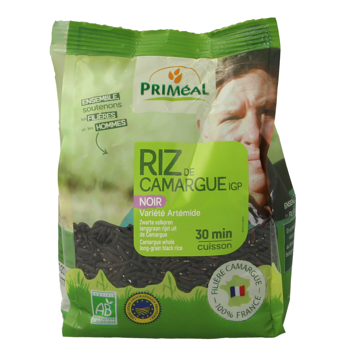 Primeal Zwarte volkoren langgraan Camargue bio pasta in 250g package, showcasing the dark whole grain rice variety.