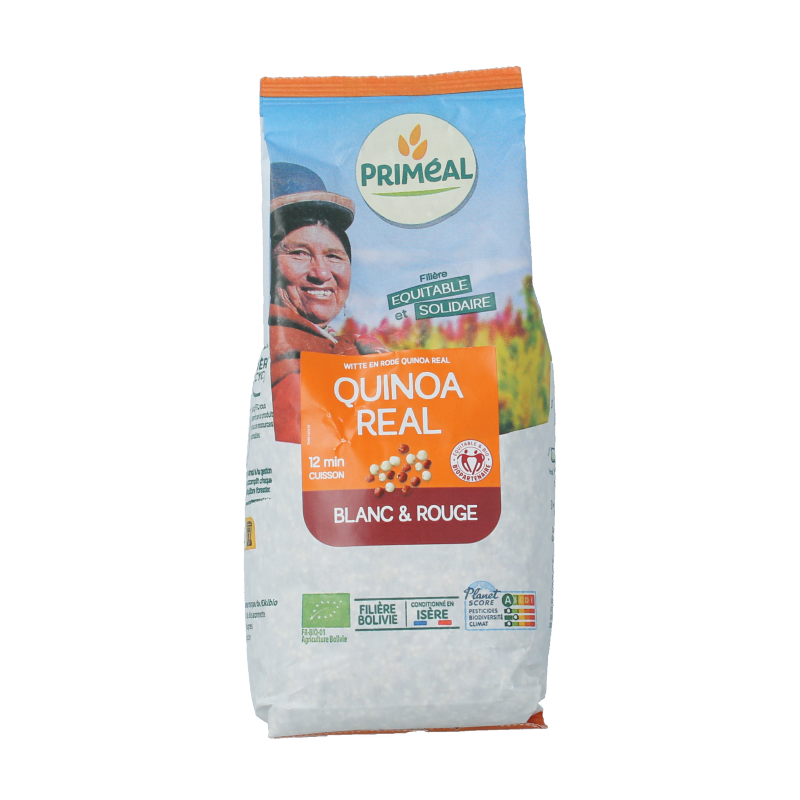 Primeal Quinoa duo with white and red organic quinoa, 500 grams, in a clear package showing the grains.