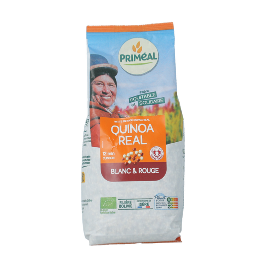 Primeal Quinoa duo with white and red organic quinoa, 500 grams, in a clear package showing the grains.