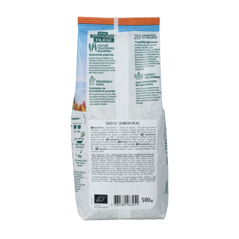 Primeal Quinoa duo with white and red organic quinoa, 500 grams, in a resealable package, for healthy pasta and rice dishes.
