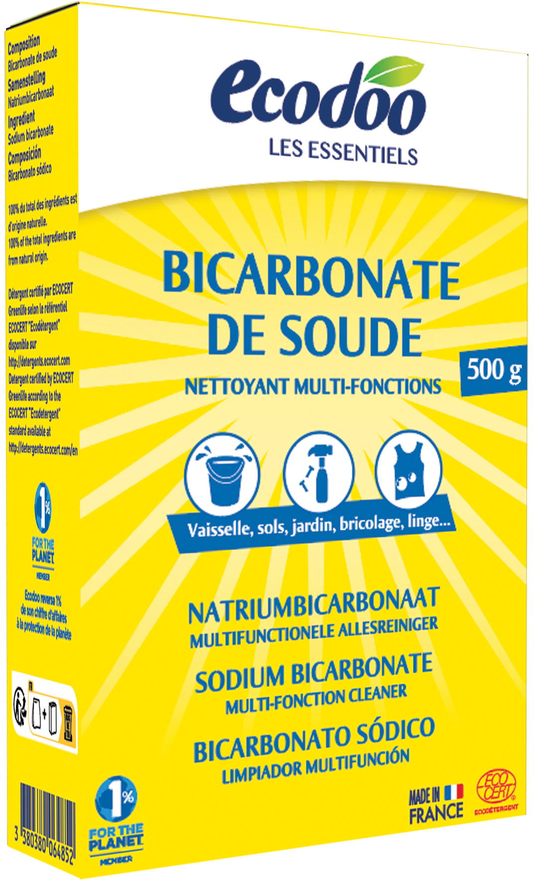 Ecodoo eco sodium bicarbonate baking soda in 500g package for natural cleaning and household uses.