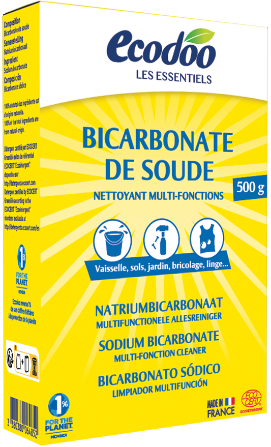 Ecodoo natural baking soda (natriumbicarbonaat) in a 500g eco-friendly cleaning product package.