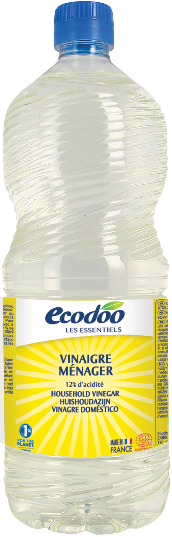 Ecodoo eco cleaning vinegar 1 liter bottle, natural all-purpose cleaner for eco-friendly household cleaning.
