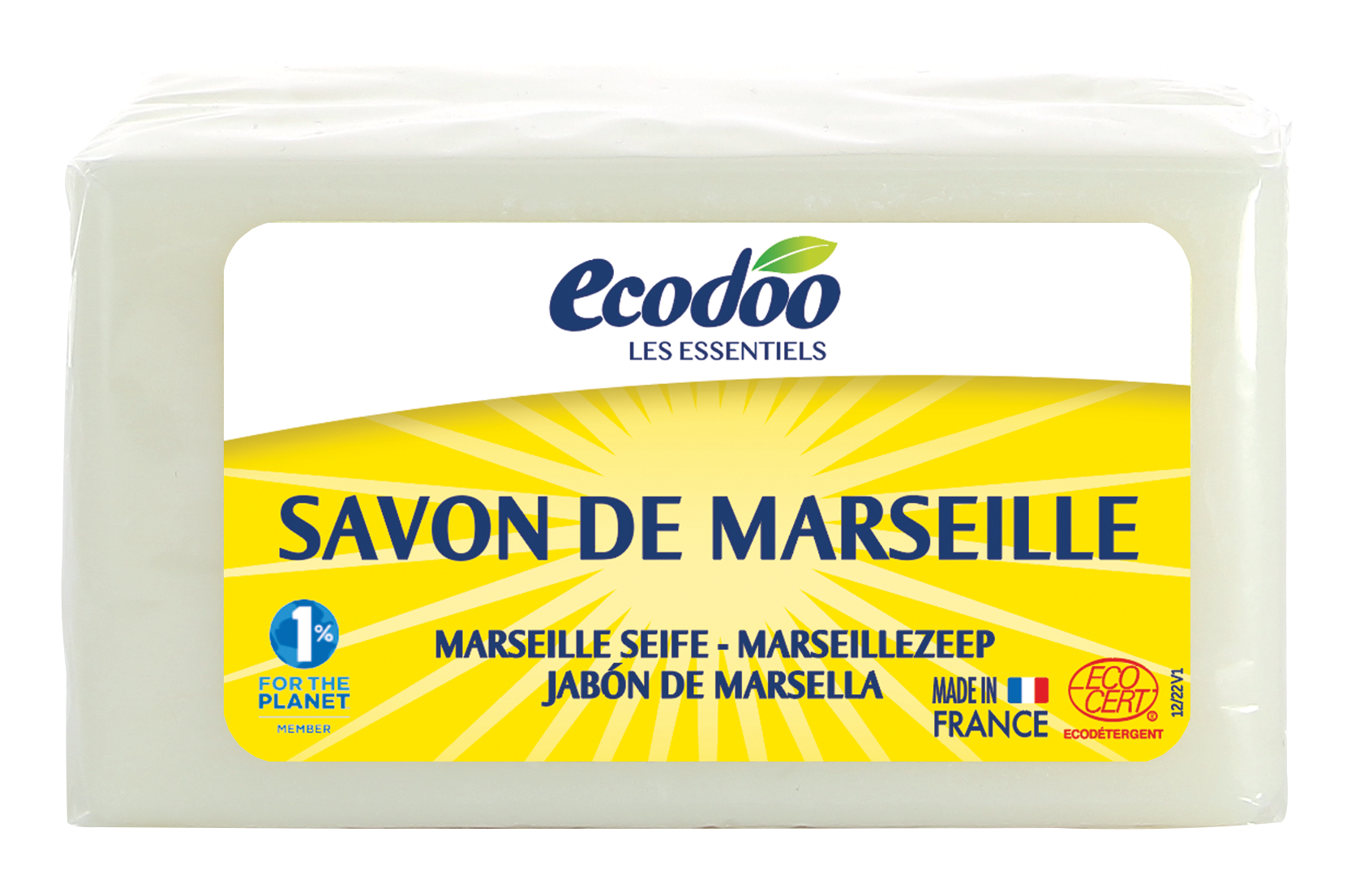 Ecodoo Marseillezeep bio 400g natural soap for laundry in a white bar with green accents, suitable for eco-friendly washing.