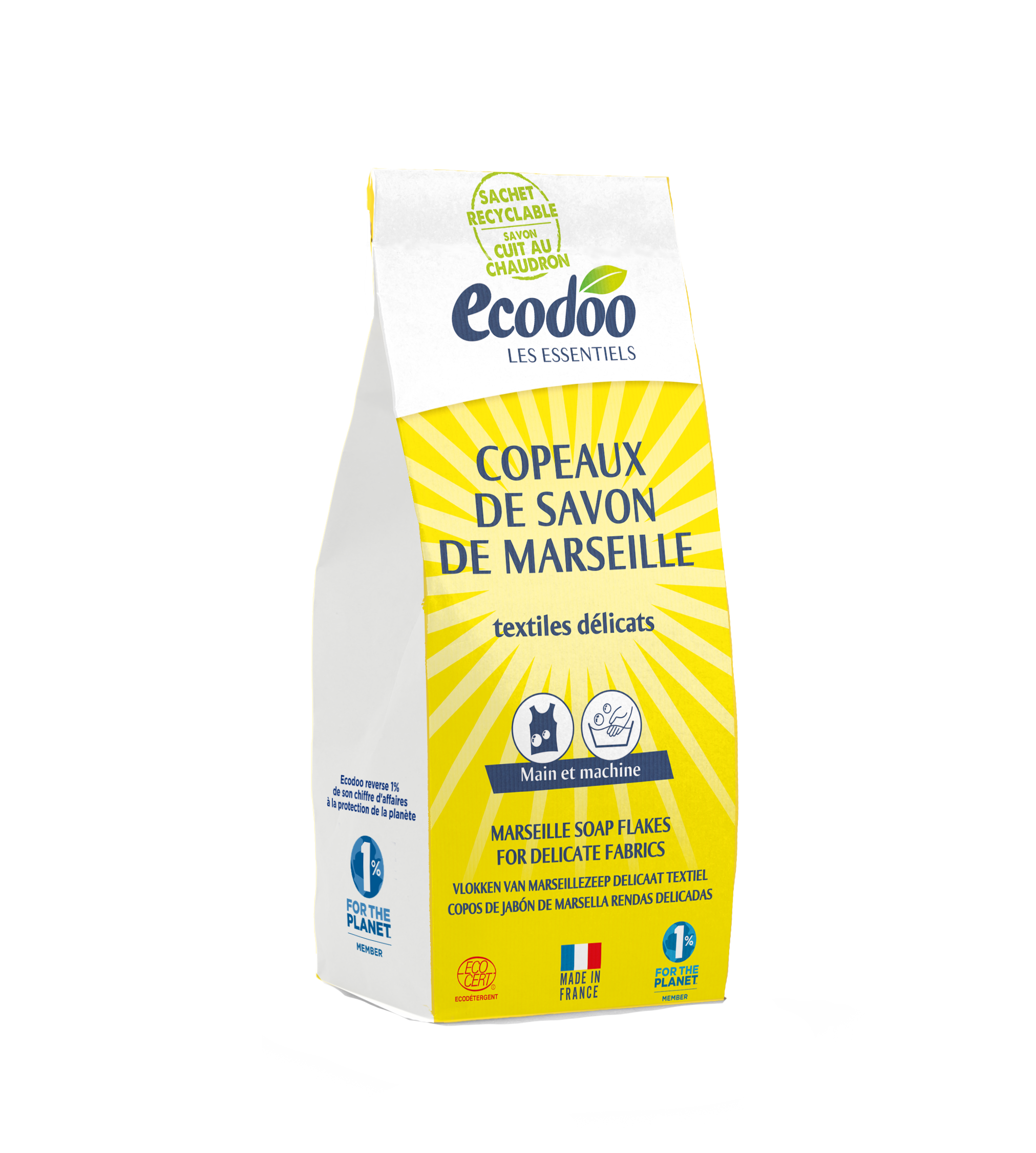 Ecodoo Marseillezeep bio laundry flakes in a 1kg package, natural cleaning product for eco-friendly washing and fabric care.