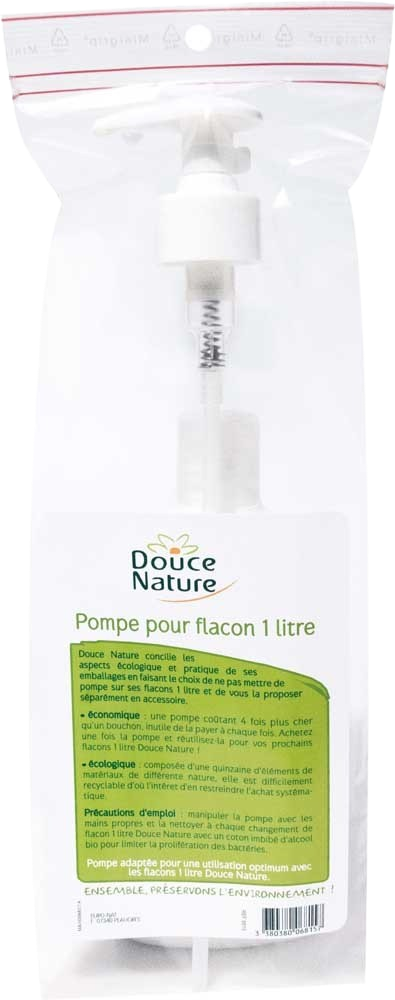 Douce Nature Pomp for 1-liter bottle, durable instrument in natural brand, shown attached to a clear plastic bottle.