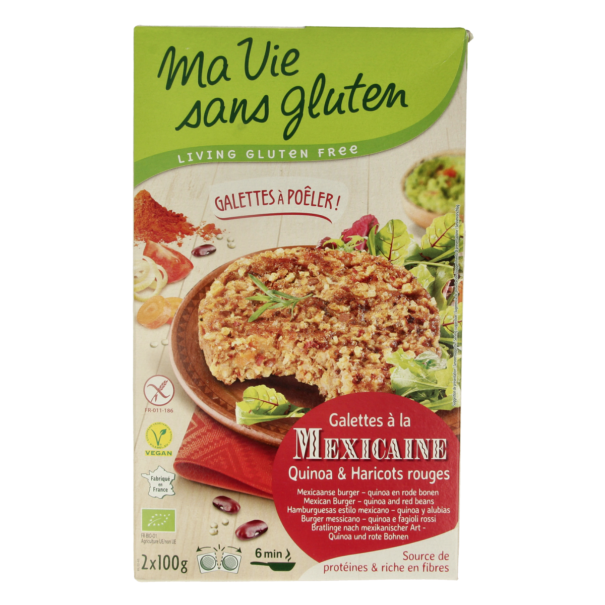 Ma Vie Sans Mexican quinoa burger pack, gluten-free organic meal mix with herbs and spices, 2x100g, natural ingredients.