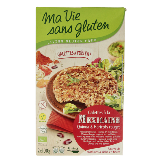 Ma Vie Sans Mexican quinoa burger pack, gluten-free organic meal mix with herbs and spices, 2x100g, natural ingredients.