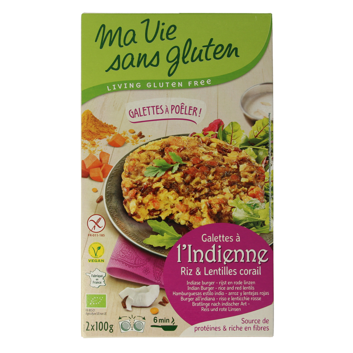Ma Vie Sans vegan rice burgers, 2 x 100g, gluten-free, organic plant-based meat substitute with Indian spices.