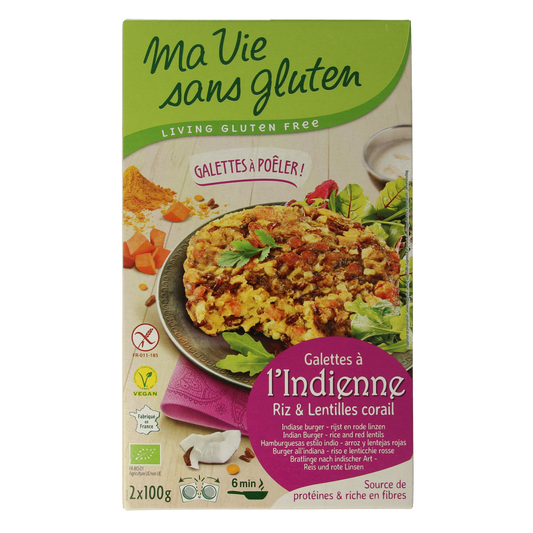 Ma Vie Sans vegan rice burgers, 2 x 100g, gluten-free, organic plant-based meat substitute with Indian spices.