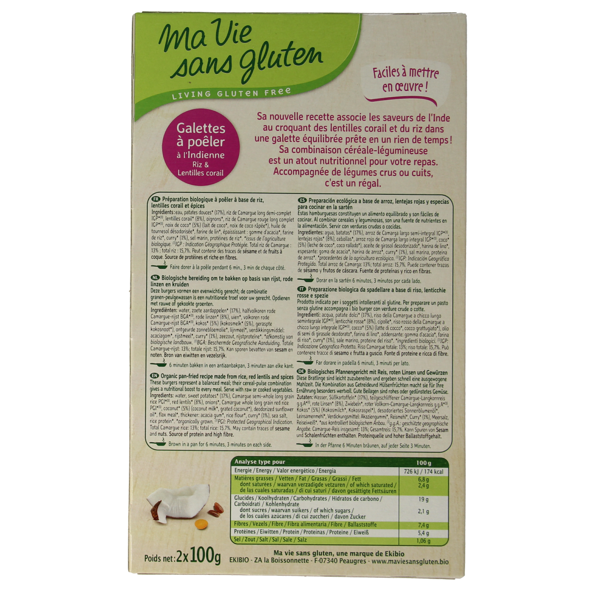 Ma Vie Sans vegan gluten-free Indian rice burgers, 2 packs of 100g each, with visible rice and vegetable ingredients.