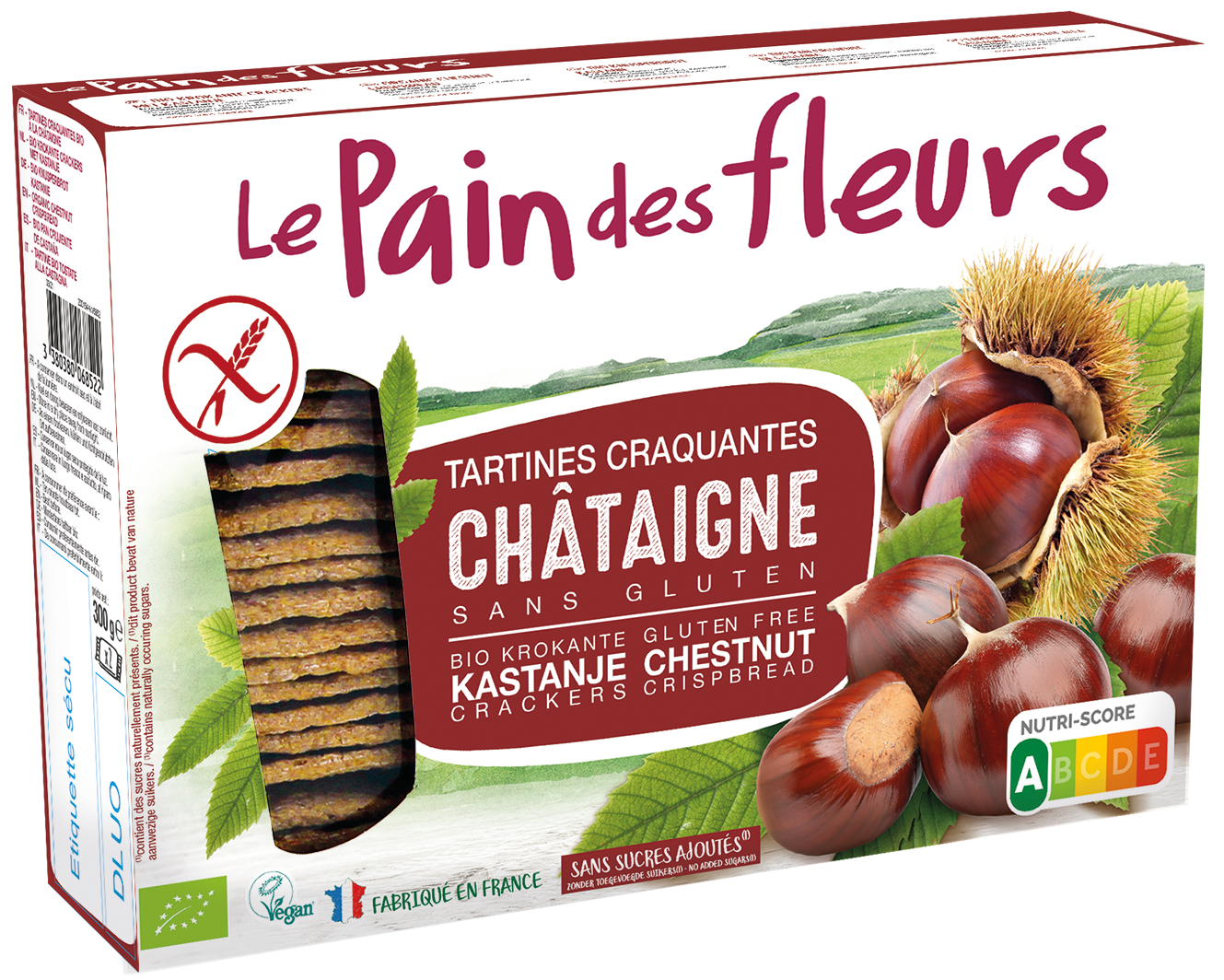 Pain Des Fleurs gluten-free crunchy chestnut crackers in a 300g package, crispy and aromatic, perfect for snacking or toppings.