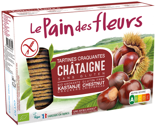 Pain Des Fleurs gluten-free crunchy chestnut crackers in a 300g package, crispy and aromatic, perfect for snacking or toppings.