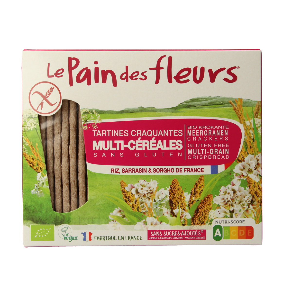 Pain Des Fleurs gluten-free Krokante crackers with mixed grains, 150g, shown in a close-up image highlighting their crispy texture.