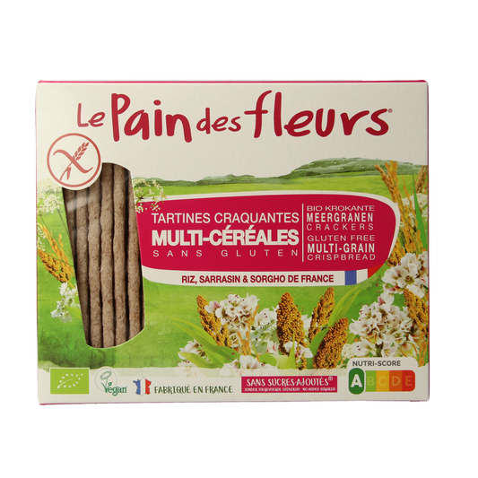 Pain Des Fleurs gluten-free Krokante crackers with mixed grains, 150g, shown in a close-up image highlighting their crispy texture.