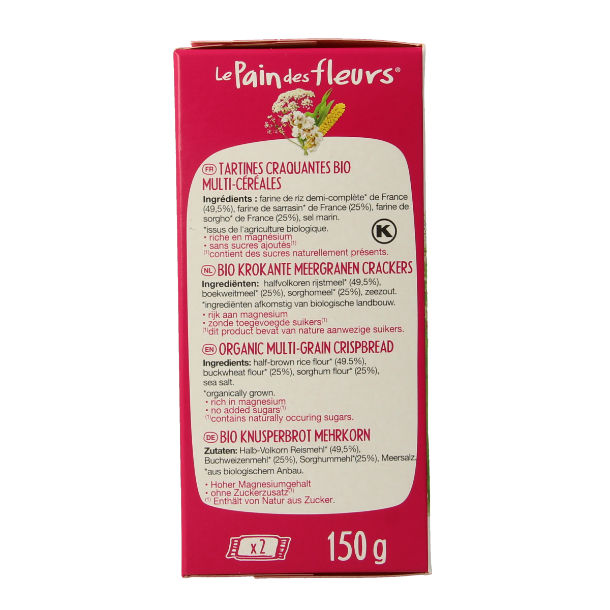 Pain Des Fleurs gluten-free crunchy multigrain crackers in 150g package, showing golden, textured surface of the bread and crackers