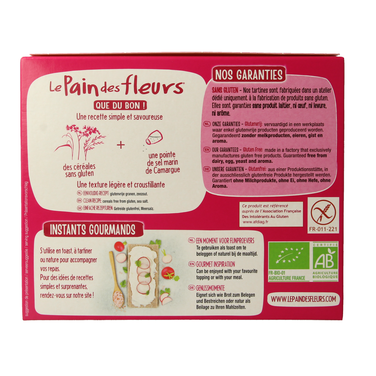 Pain Des Fleurs glutenvrije krokante crackers met meergranen, bio, 150g, close-up of crispy, golden crackers.