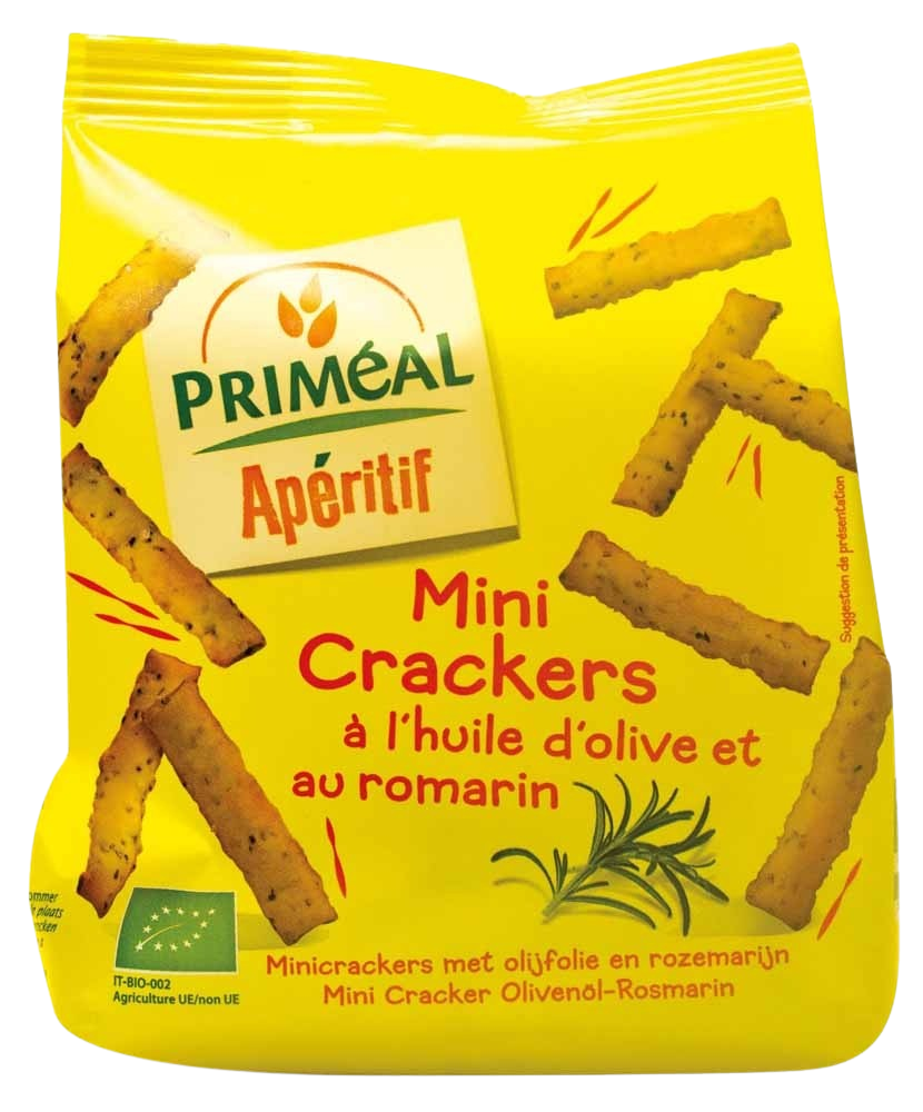 Primeal Aperitive mini crackers with olive and rosemary, organic, 100g, in a colorful snack package.