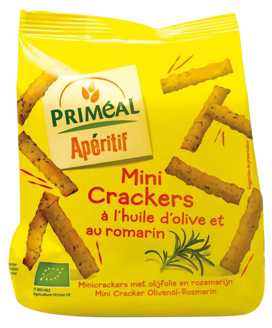 Primeal Aperitive mini crackers with olive and rosemary, organic, 100g, in a colorful snack package.