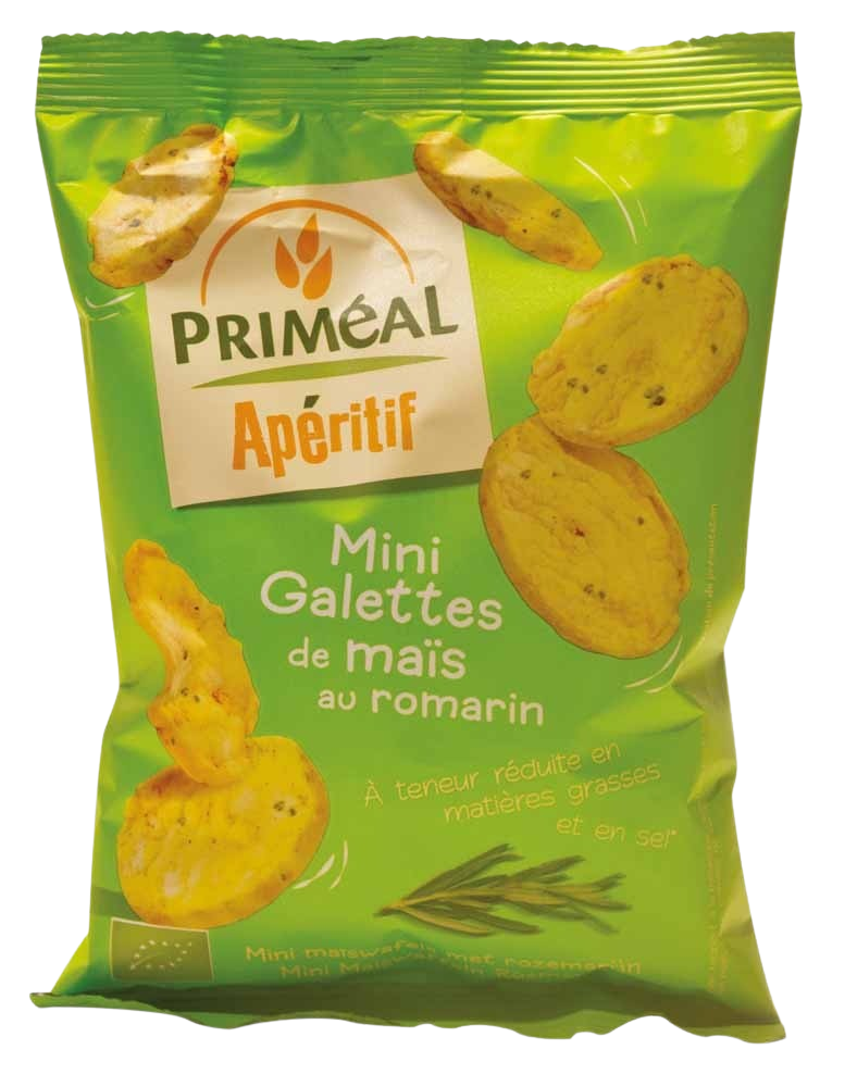 Primeal Aperitive mini maize crackers with olives and rosemary, organic chips and saltines in a 50g package.
