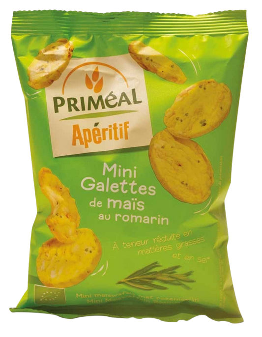 Primeal Aperitive mini maize crackers with olives and rosemary, organic chips and saltines in a 50g package.