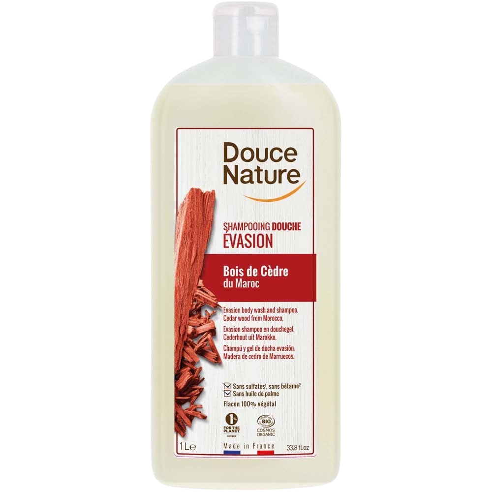 Douce Nature bio douchegel and shampoo evasion with cedarwood in a 1-liter bottle, natural hair and body cleansing product.