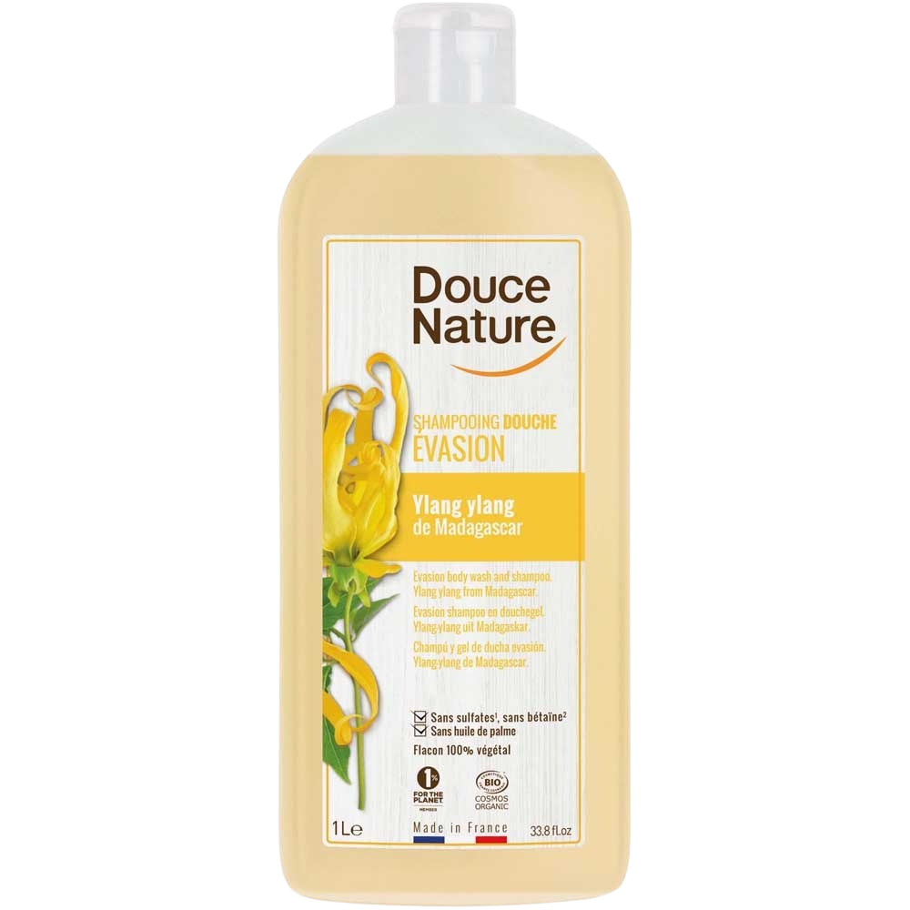 Douce Nature Ylang Ylang shower gel and shampoo for relaxing bath and hair care, 1 liter bottle.
