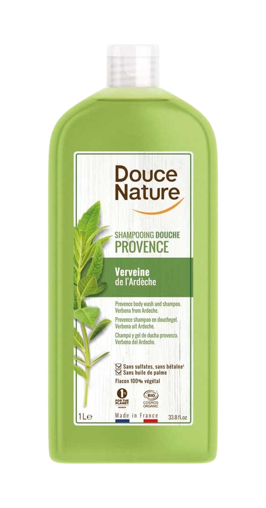 Douce Nature Provence verbena bio douchegel and shampoo in a 1-liter bottle, gentle and natural bath and shower product.
