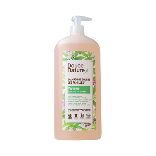 Douce Nature Provence verbena bio douchegel and shampoo in a 1-liter bottle, gentle and natural bath and shower product.