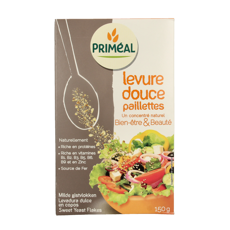 Primeal Milde gistvlokken, 150g, raw superfood product with light, flaky texture for healthy eating and nutritional benefits.