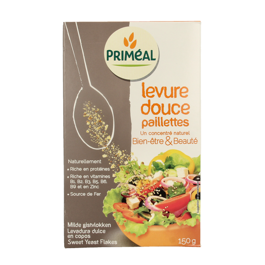 Primeal Milde gistvlokken, 150g, raw superfood product with light, flaky texture for healthy eating and nutritional benefits.