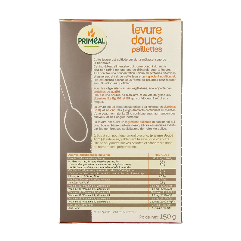Primeal Milde gistvlokken 150g, raw superfood flakes with a light, natural appearance, suitable for healthy recipes and snacks.