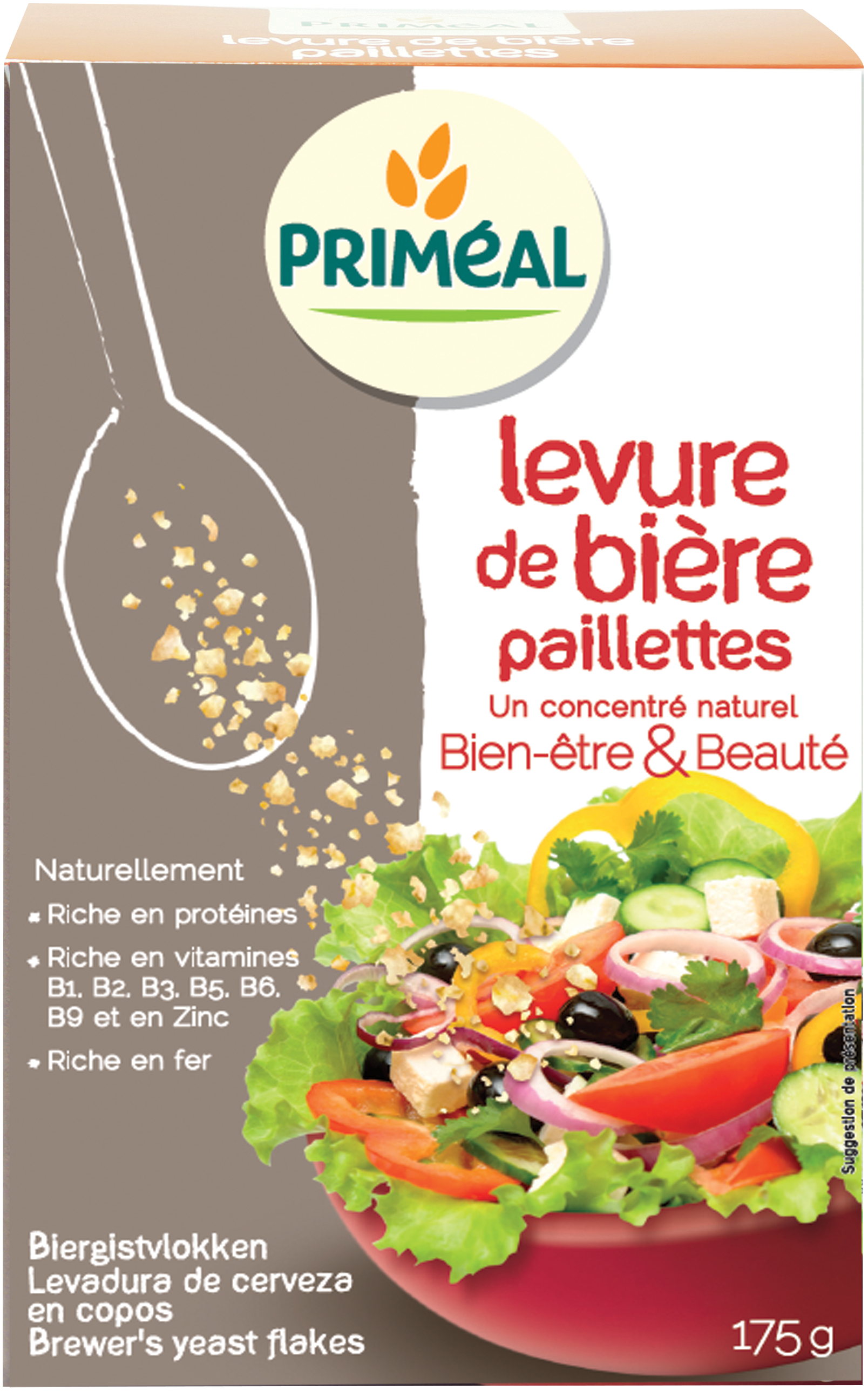 Primeal Biergistvlokken in 175g package, raw superfood flakes with golden color and textured surface, suitable for nutritional boosting