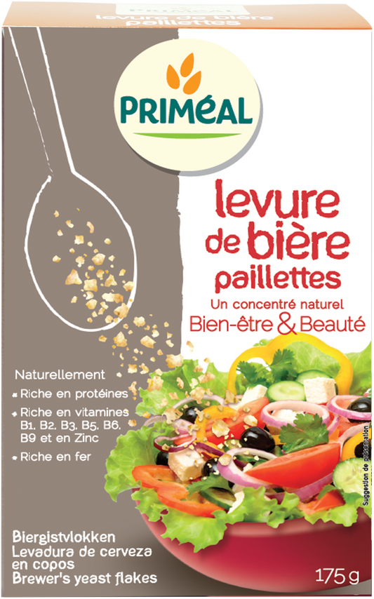 Primeal Biergistvlokken in 175g package, raw superfood flakes with golden color and textured surface, suitable for nutritional boosting