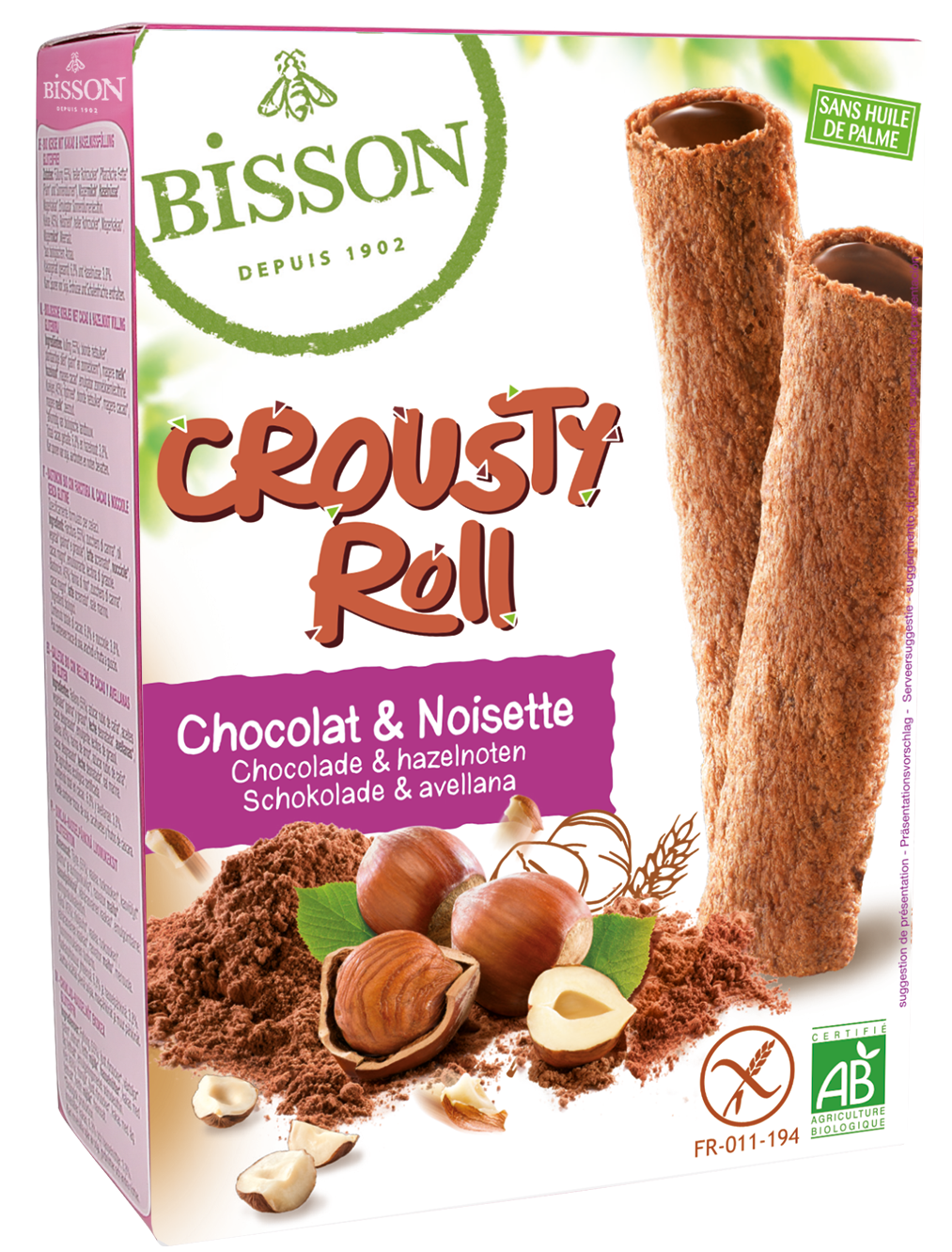 Bisson Crousty roll with chocolate and hazelnuts, organic koeken snack, showing the crispy rolled pastry with chocolate hazelnut filling.