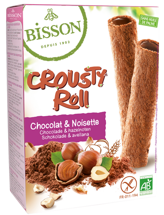 Bisson Crousty roll with chocolate and hazelnuts, organic koeken snack, showing the crispy rolled pastry with chocolate hazelnut filling.