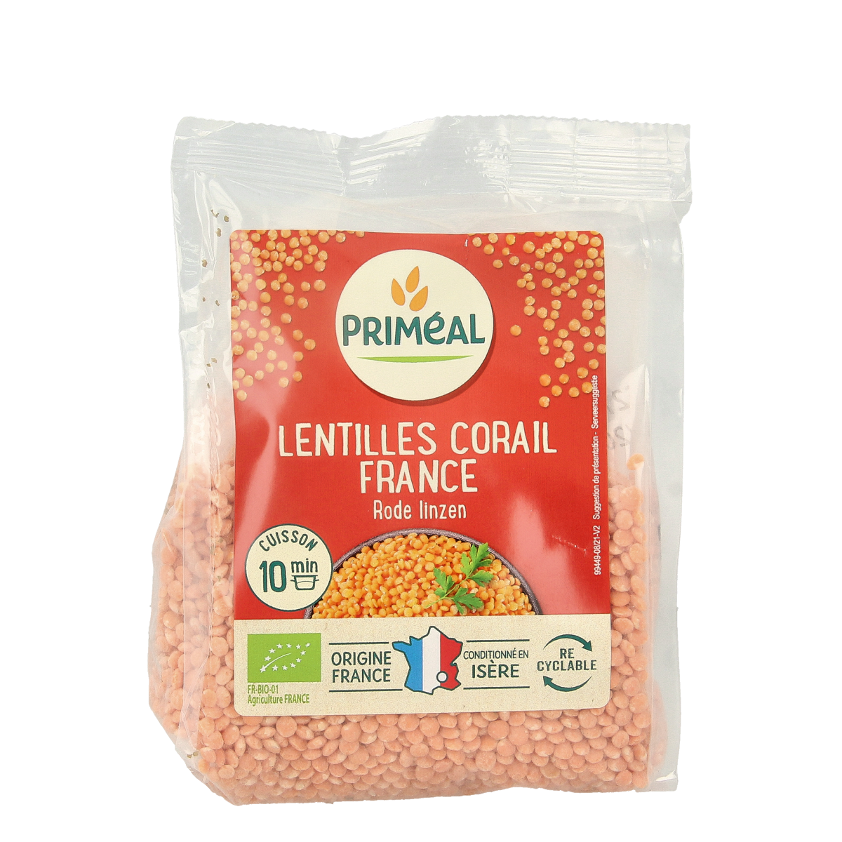 Primeal Rode linzen bio 250g, organic red lentils in a clear package, ready for cooking or soup preparation.