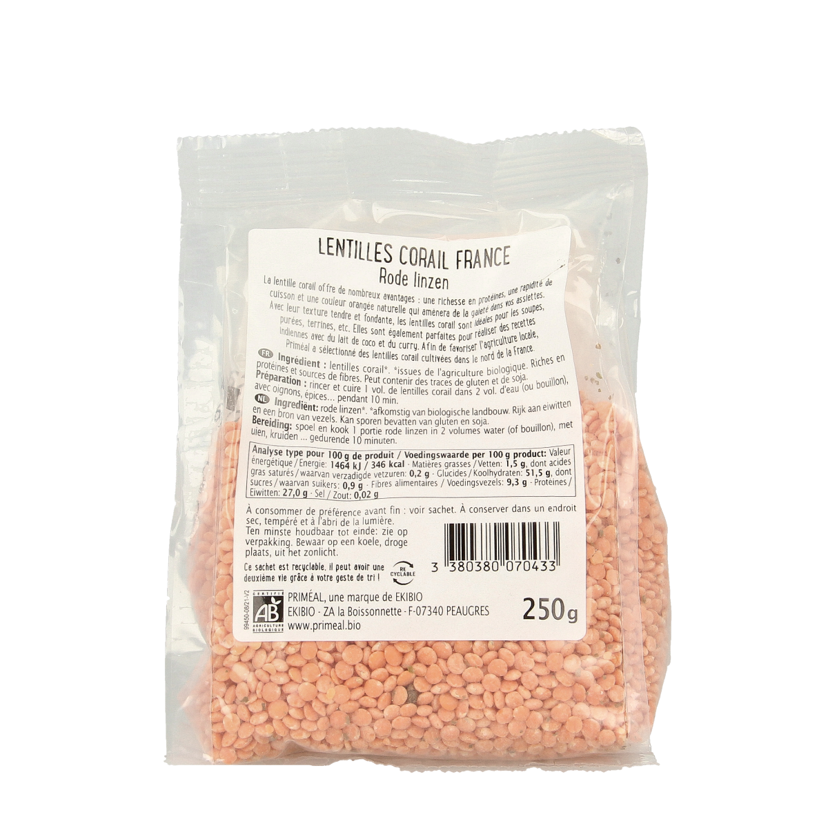 Primeal bio rode linzen in 250g package, organic red lentils, typical for healthy cooking and vegetarian dishes.