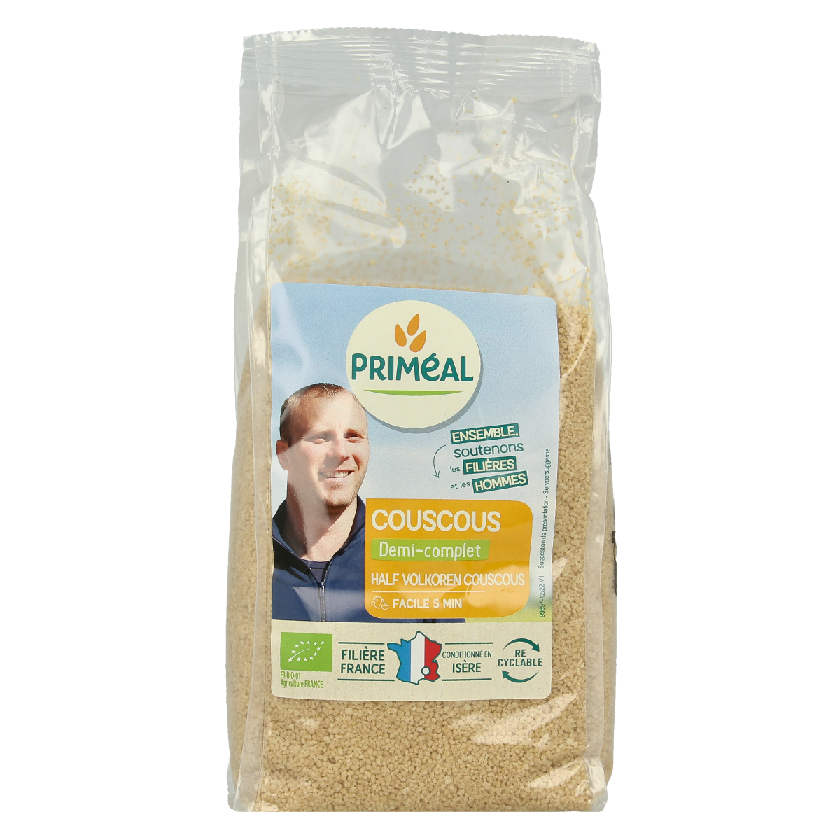 Primeal organic whole wheat couscous in a 500g package, pasta and rice product with a light, textured appearance.