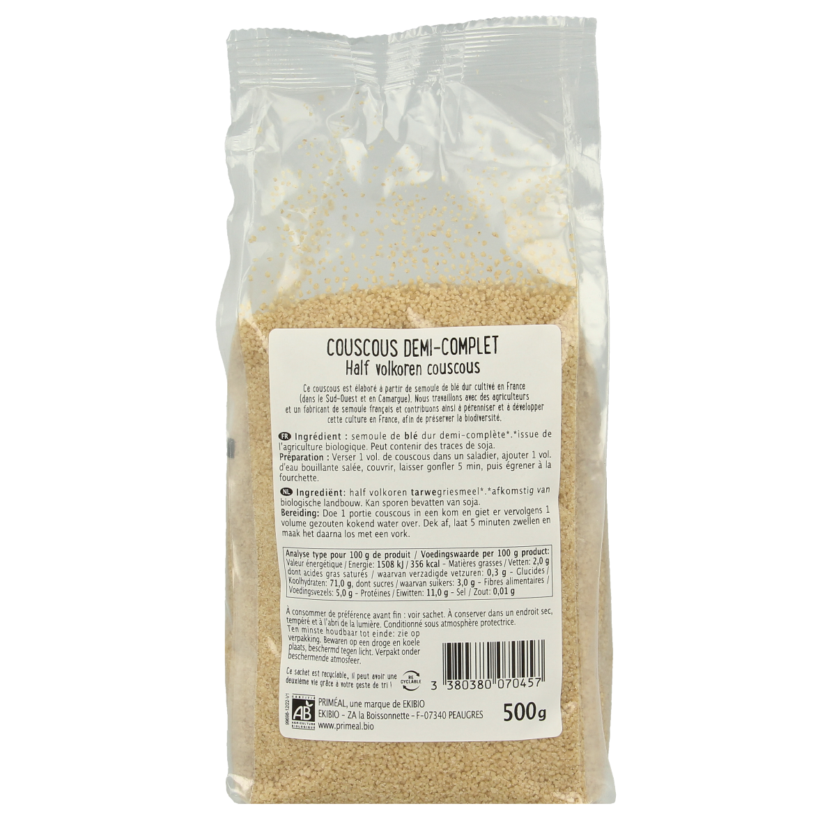 Primeal Couscous halfvolkoren bio 500g package, showing the pasta's light color and textured surface in a clear bag.