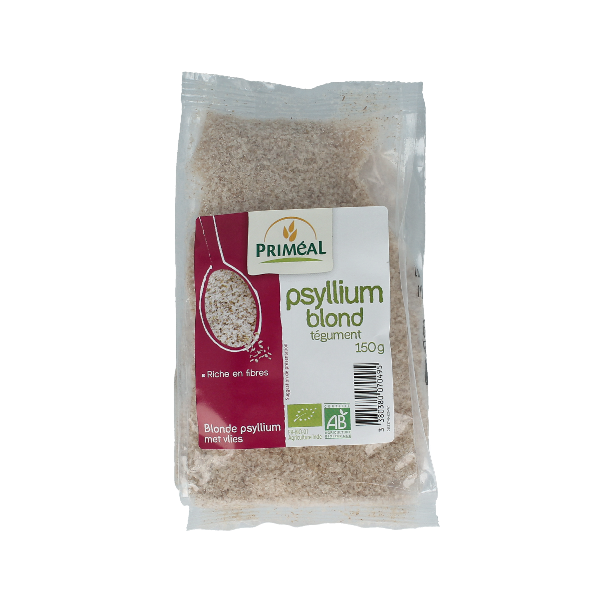 Primeal Blonde Psyllium with Vlies, organic dietary fiber supplement in 150g package, suitable as a meal replacement or fiber source.