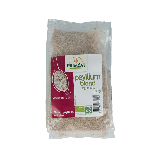 Primeal Blonde Psyllium with Vlies, organic dietary fiber supplement in 150g package, suitable as a meal replacement or fiber source.