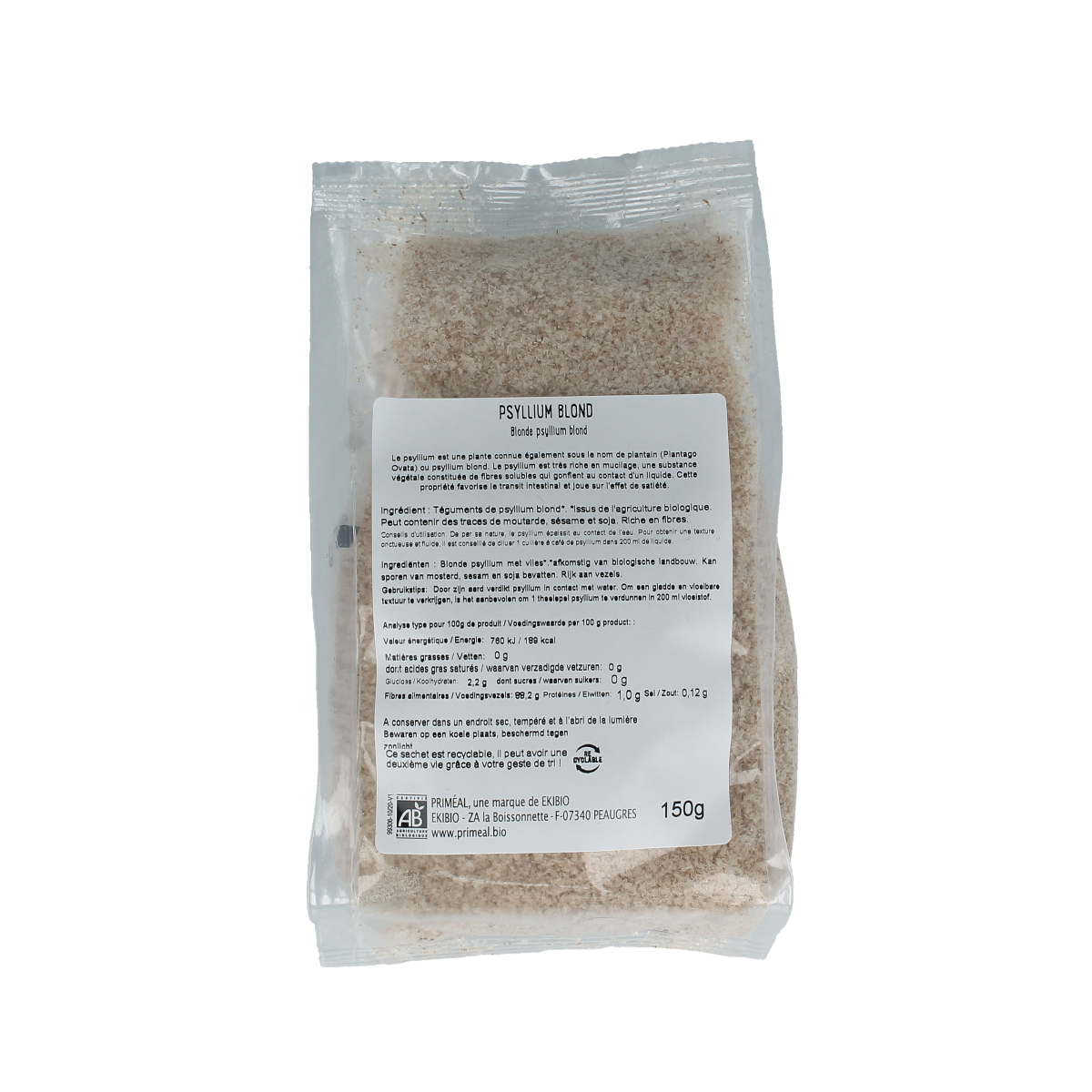 Primeal Blonde Psyllium with Vlies bio, 150g, natural dietary fiber supplement for meal replacements and healthy digestion.