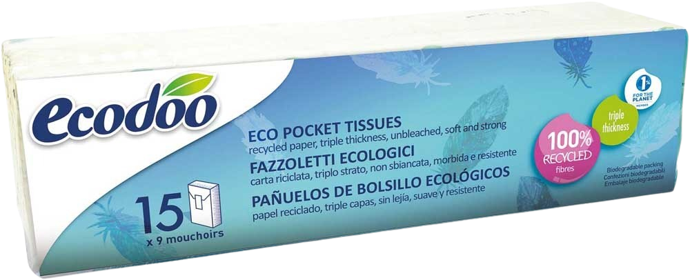 Ecodoo bio tissues pack with 15 disposable zakdoeken en tissues, natural and eco-friendly facial tissues in a white box.