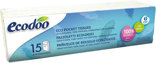 Ecodoo bio tissues pack with 15 disposable zakdoeken en tissues, natural and eco-friendly facial tissues in a white box.