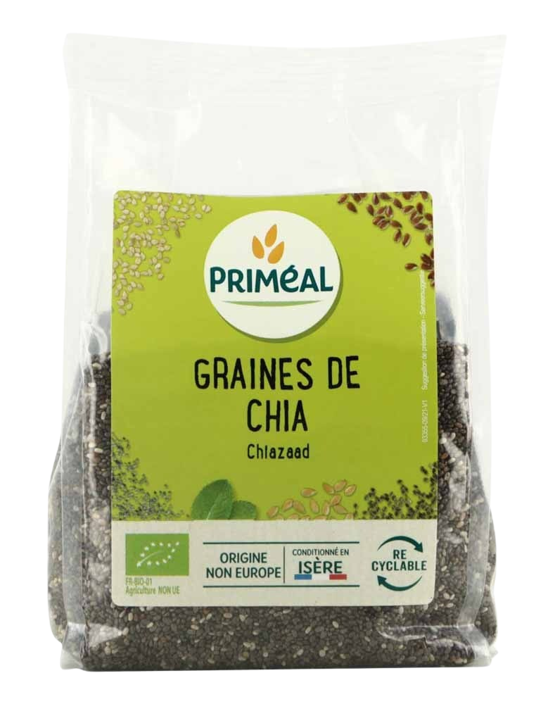 Organic Primeal Chia seeds in a 250g package, raw superfood with small black and white chia seeds visible in the image.