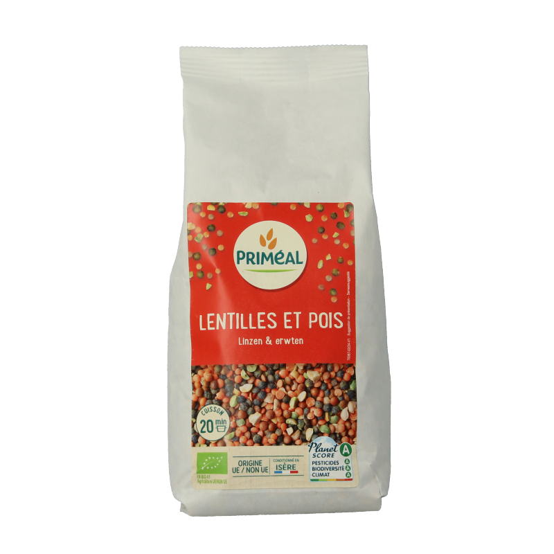 Primeal organic lentil and chickpea mix in a 500g package, fresh legumes with potatoes, vegetables, and fruit.