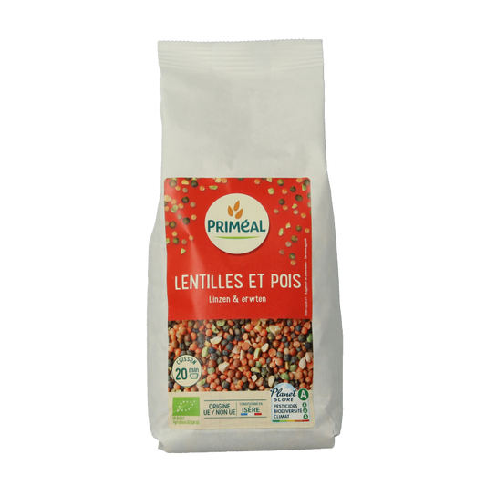 Primeal organic lentil and chickpea mix in a 500g package, fresh legumes with potatoes, vegetables, and fruit.