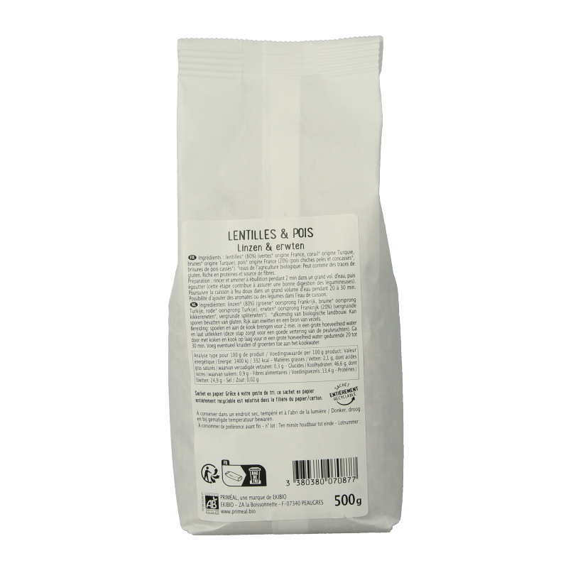 Primeal organic lentil and chickpea mix in 500g package, featuring fresh legumes and vegetables on a natural background.