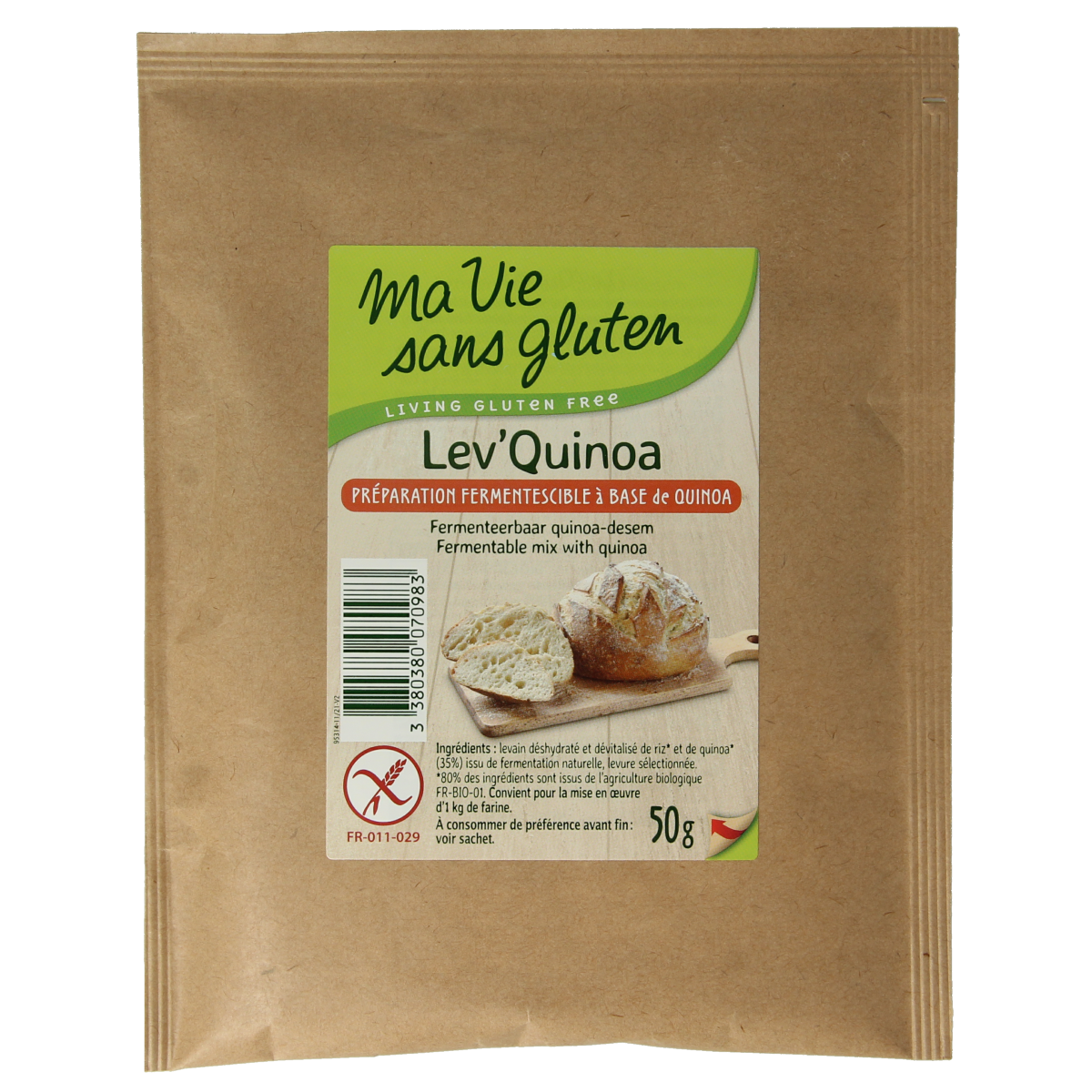 Ma Vie Sans glutenvrije quinoa bakmixen en melen verpakking, 50 gram, met gedroogde quinoa en ingrediënten zichtbaar.